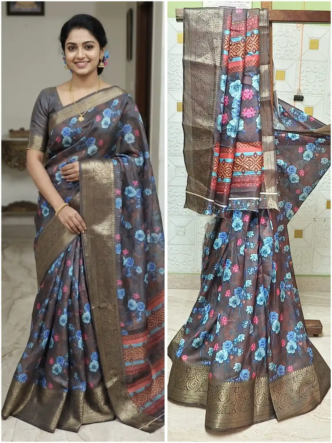 Charcoal Digital Dola Dark Tone Blue Floral Print Saree